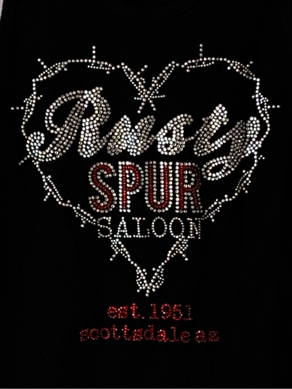 Cowgirl Rusty Spur Saloon Black Rhinestone Logo Tank